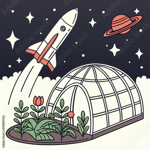 Rocket launching from a greenhouse on an alien planet with a ringed planet in the sky