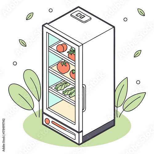 Modern refrigerator filled with fresh tomatoes and greens