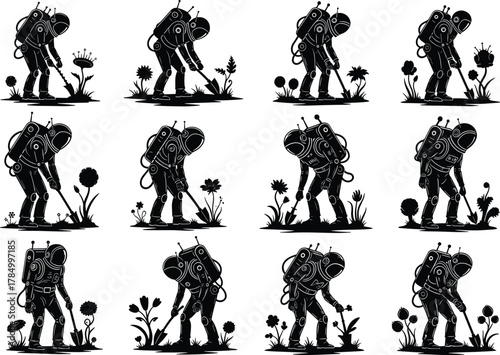 Flat vector astronaut silhouette tending alien plants, space botany research, futuristic nature study, extraterrestrial flora exploration, science fiction concept