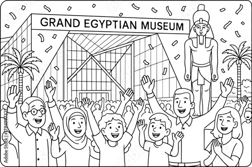 hand drawn vector illustration of Grand Egyptian Museum coloring page for kids