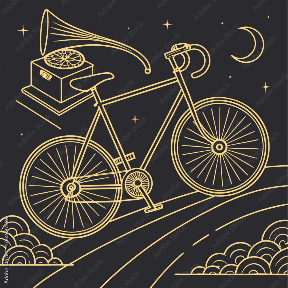 Fototapeta premium A bicycle rides on a road with a gramophone and a crescent moon above
