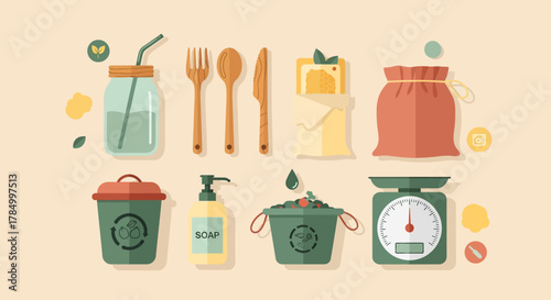 Eco-friendly sustainable lifestyle elements with kitchen and cleaning supplies in a flat vector design