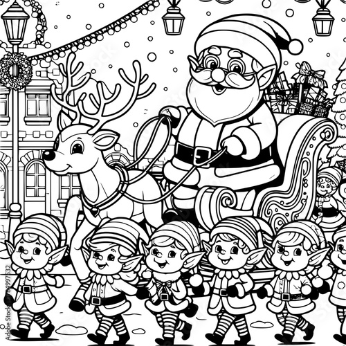 Santa claus in sleigh with reindeer and elves in black and white coloring page style illustration