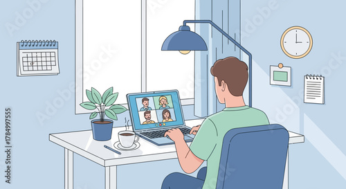 Illustration of a person working from home in a home office setup with a laptop displaying a video conference call