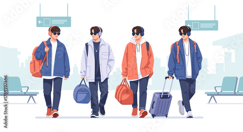 K-pop group arrives at the airport for a concert, suitable for the theme of promoting travel and music materials