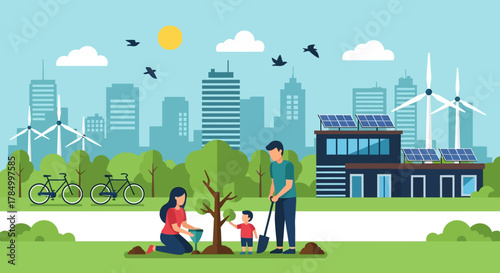 Family Planting a Tree in Eco-Friendly City Illustration
