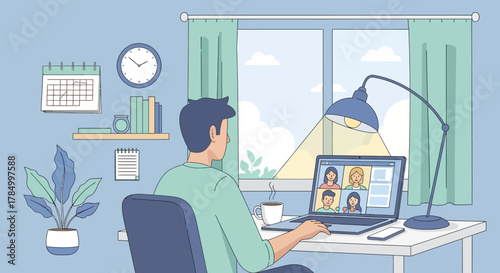 Man Engaged in a Video Conference Call at Home Work From Home Concept Illustrated