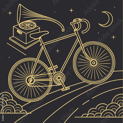 A bicycle rides on a road with a gramophone and a crescent moon above