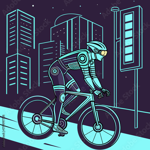 A futuristic cyclist rides through a neonlit cityscape at night