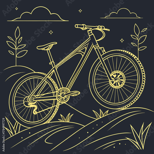 A mountain bike rides on a trail through the hills at twilight hour