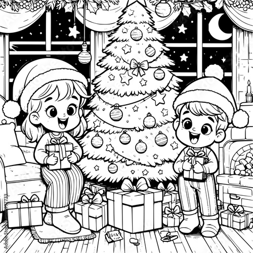 Illustration of children celebrating christmas with presents near a decorated christmas tree indoors