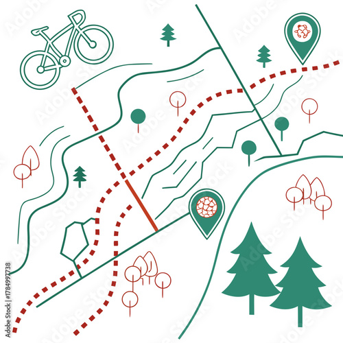 A map showing a bike trail through the woods with recycling and brain icons