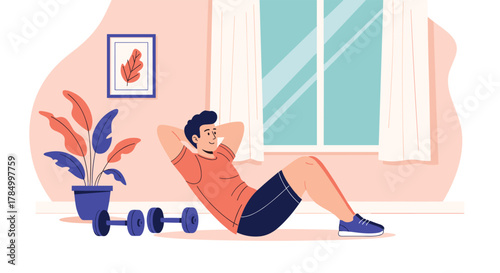 A man is doing abdominal crunches at home next to a plant and dumbbells.