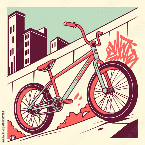 A vibrant illustration of a bmx bike against an urban backdrop with graffiti