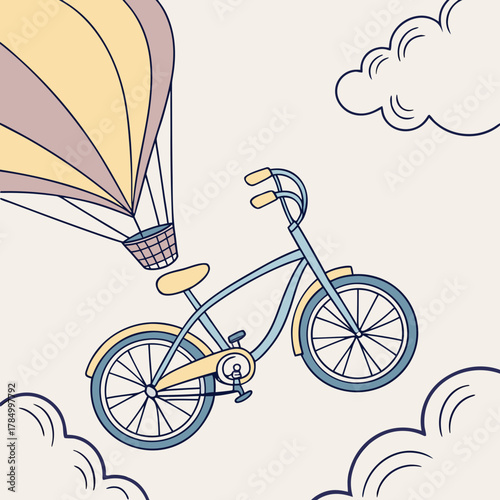 A whimsical bicycle soars through the sky with a hot air balloon attached