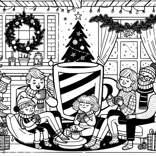 A family gathers around a christmas tree and fireplace enjoying hot drinks in a cozy home scene