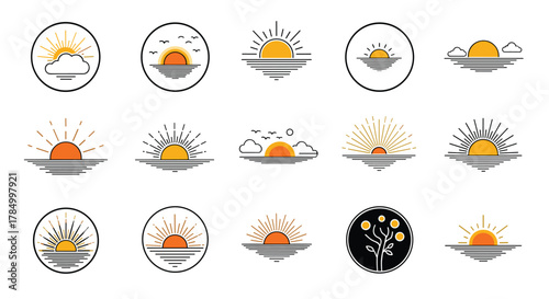 Collection of sunrise and sunset icons with stylized sun and radiating lines in circular frames.