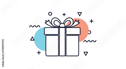 A simple line art illustration of a gift box with a bow on top, decorated with geometric shapes and colorful circles in a fun design.