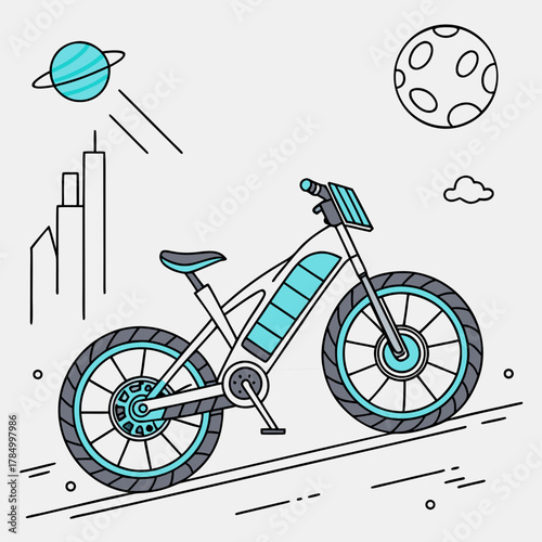 Electric bicycle riding in the city with planet and moon