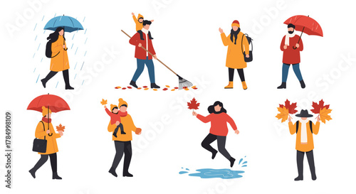 People enjoying autumn weather with umbrellas and falling leaves.