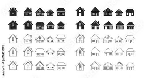 Collection of simple house outline and solid icons representing different residential architectural styles.