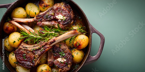 Roasted Lamb Chops: Culinary excellence is captured as succulent lamb chops are perfectly roasted, accompanied by golden potatoes and aromatic herbs, creating a delicious visual feast.