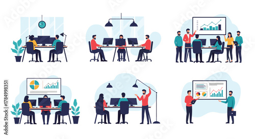 Business professionals collaborating and presenting data insights in modern office environments.