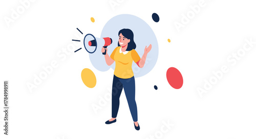 A woman with a megaphone announcing something important to a group of people with colorful bubbles.