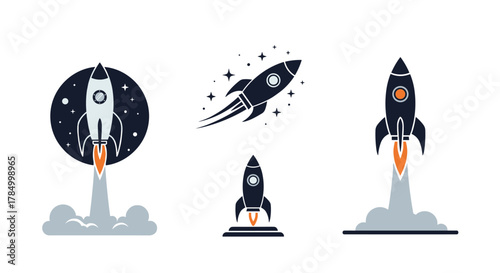 A collection of stylized rocket ships launching into space with vibrant plumes of smoke and distant stars creating a sense of adventure and exploration.