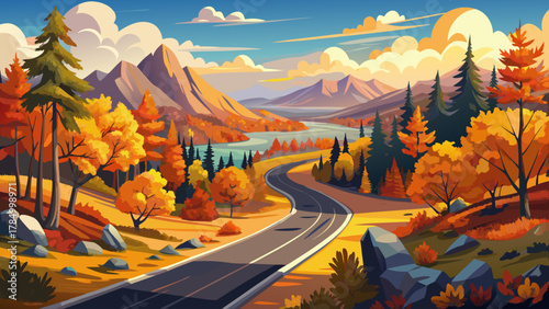 Very beautiful autumn view of the Highland Trail along the AuSable Scenic Byway in Michigan, USA, featuring vibrant fall foliage, winding road, and a realistic serene forested landscape.