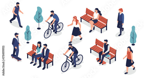 Diverse group of people enjoying various outdoor recreational activities in a park setting.