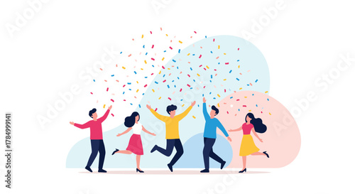 A group of people are joyfully celebrating with confetti raining down around them.