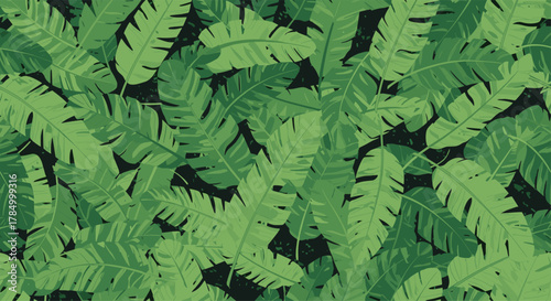 An abstract pattern of lush green tropical banana leaves creating a dense foliage background for various designs.