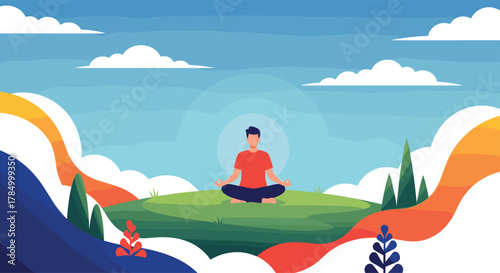 A person meditates peacefully in a beautiful landscape with mountains and sky.