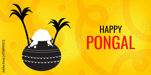 Happy Pongal banner. Poster with silhouettes of a rice pot and sugarcane. Vector.
