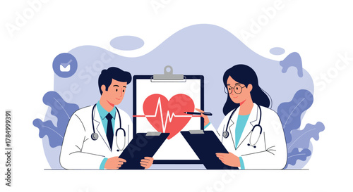 Two doctors are reviewing patient data and discussing a heart monitor reading on a clipboard.