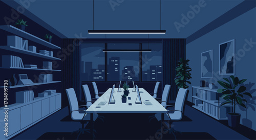 A dimly lit conference room with a long table and chairs reflects the city lights outside the window.