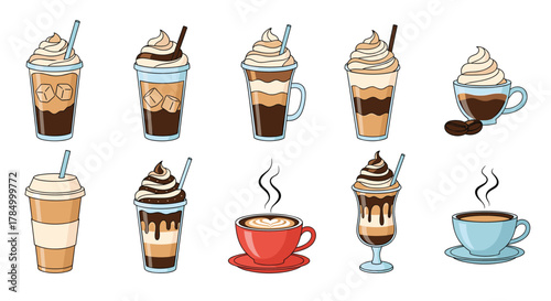 A collection of sweet and creamy coffee drinks with whipped cream and chocolate syrup.