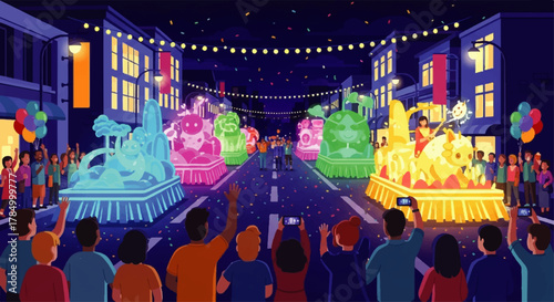 Vibrant Night Parade with Illuminated Floats and Spectators.