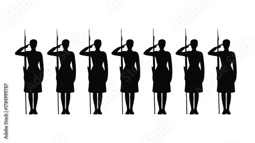 A black and white illustration showing six identical female military saluting silhouettes arranged in a horizontal line against on a transparent background.