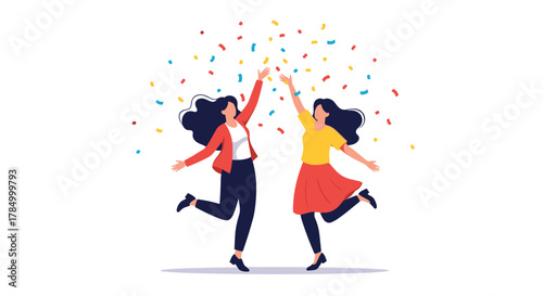 Two women celebrating with confetti and high fives.