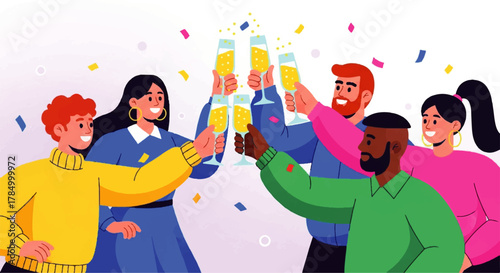 Diverse Group of Friends Celebrating with Champagne Toast.