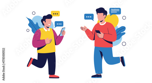 Two young men communicating using mobile phones and messaging applications to share ideas and information digitally.