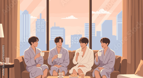 K-pop group relaxes in a hotel room in the morning for lifestyle content and wellness promotions