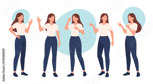 Five women in different poses with blue circles behind them.