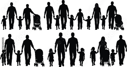 Parents walking with children silhouette, family together holding hands and stroller, happy lifestyle unity and love concept, cad drawing flat vector illustration