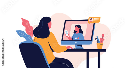 woman learning through video conference call on a computer in her home office.