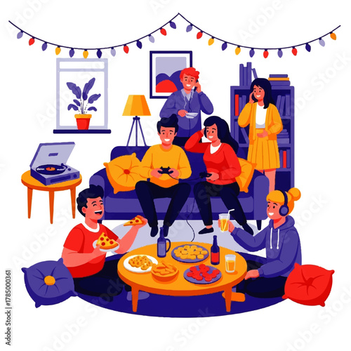 Friends Enjoying a Cozy Indoor Gathering with Food and Games.