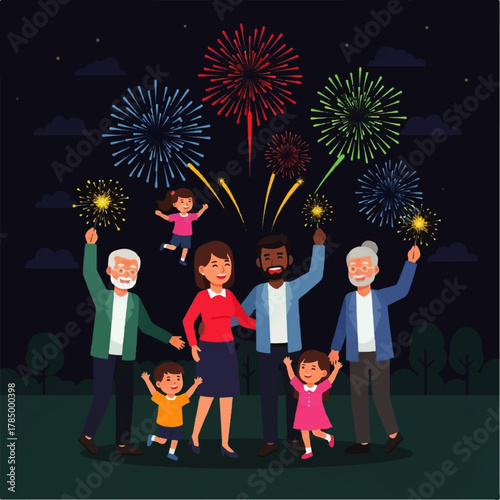 Happy Family Celebrating with Fireworks Display.