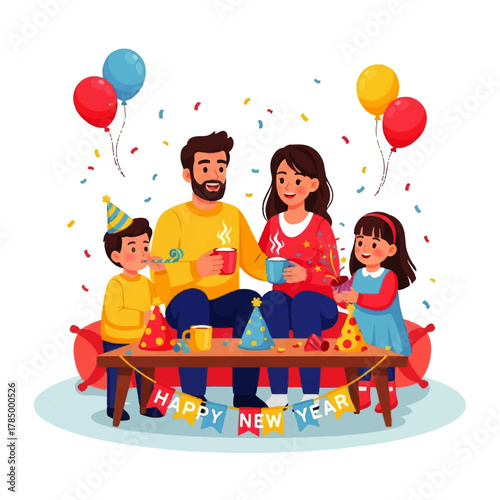 Happy New Year Family Celebration with Balloons and Confetti.